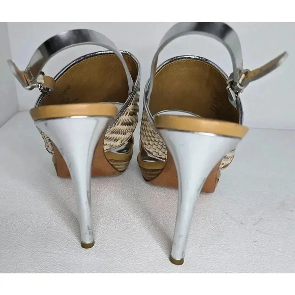 Coach Steffi Woven Slingback Stiletto Heels Silver Metallic Tan Leather 11 B - Picture 8 of 11